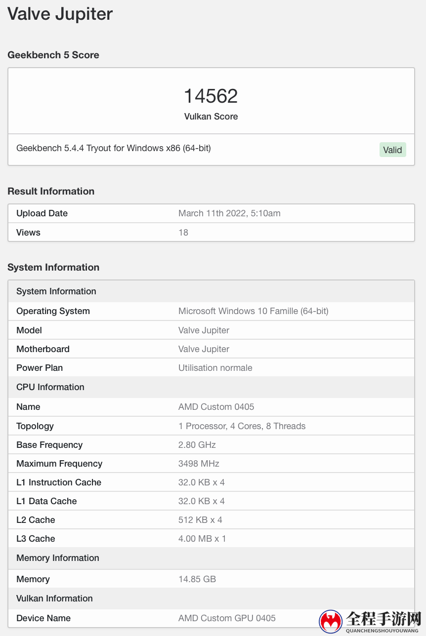 Steam Deck Win10跑分：相当于NVIDIA MX350水平